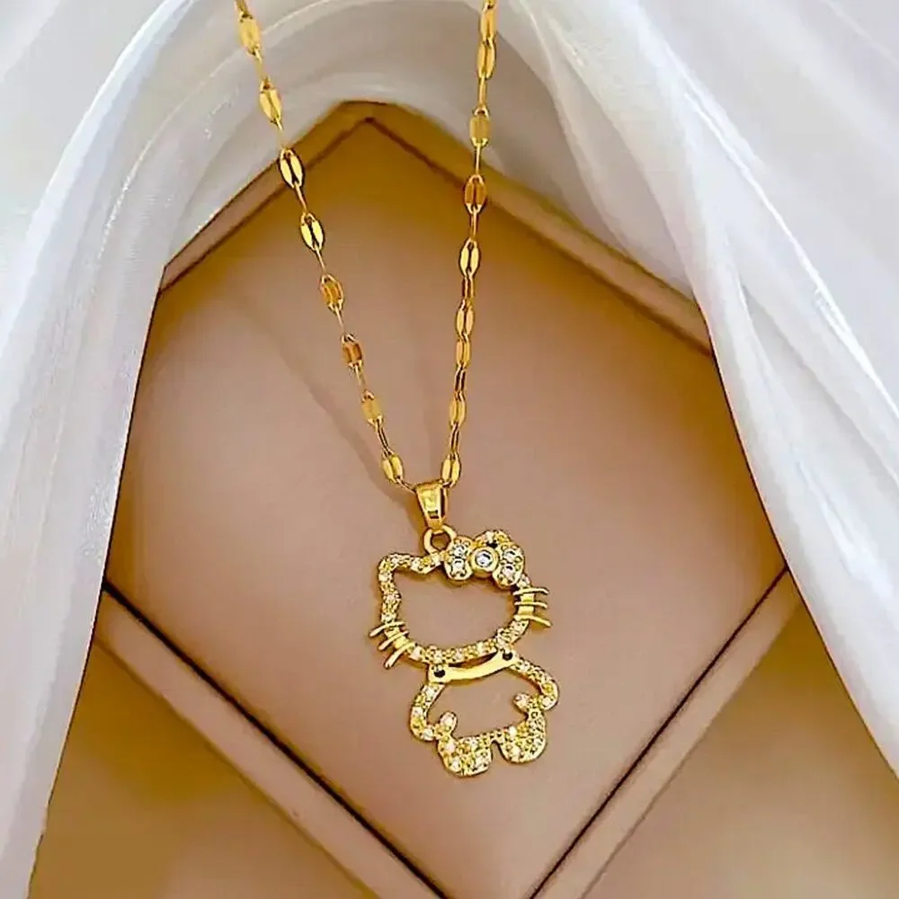 Gold Hello Kitty Hollow Zircon Necklace
